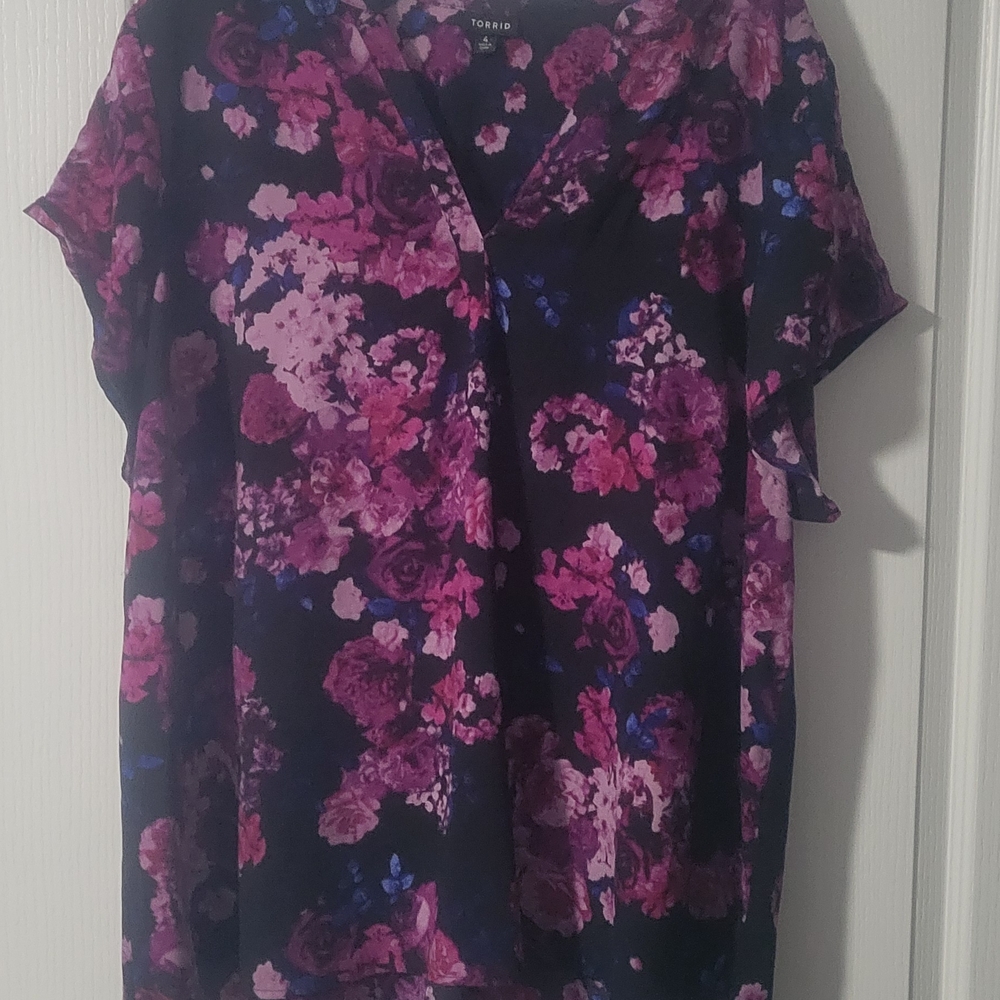 Torrid Black Blouse with Pink and Purple Floral Design